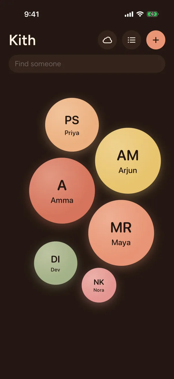 Kith on iPhone showing a warm constellation of people sized by chosen closeness