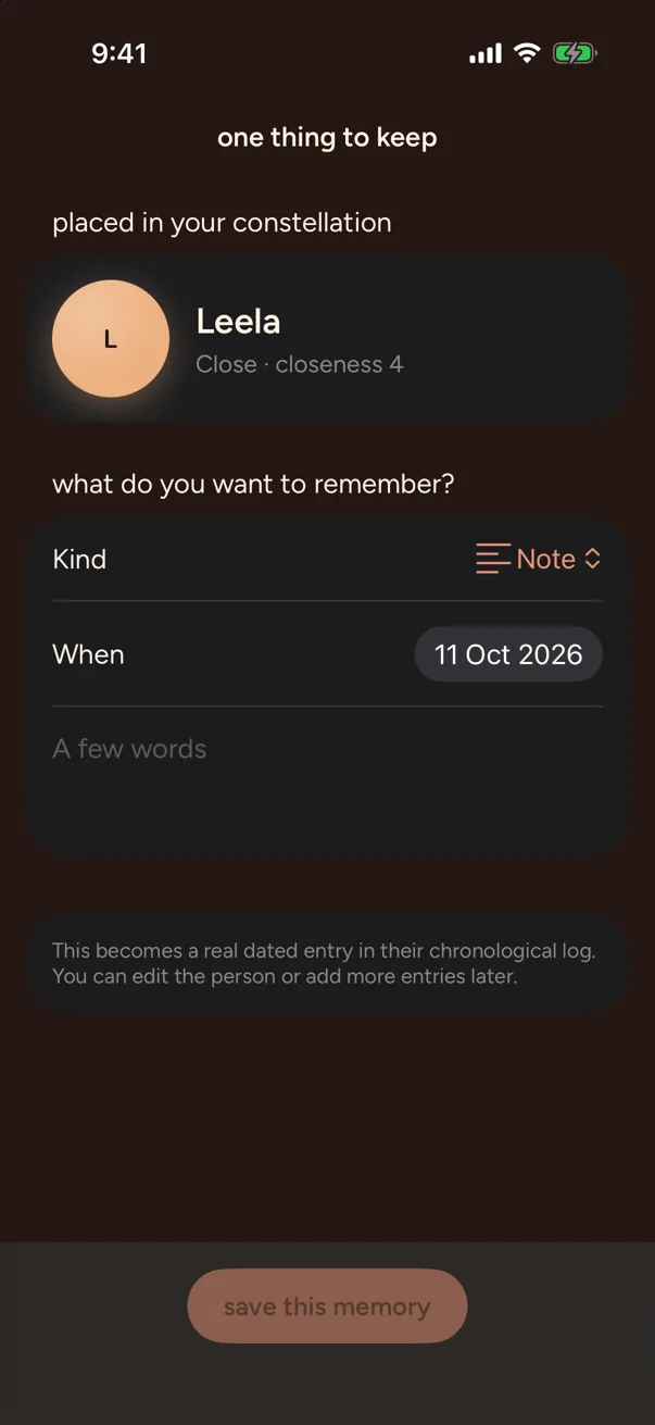 Kith first-run flow: placing one real person in the constellation and choosing one thing to remember
