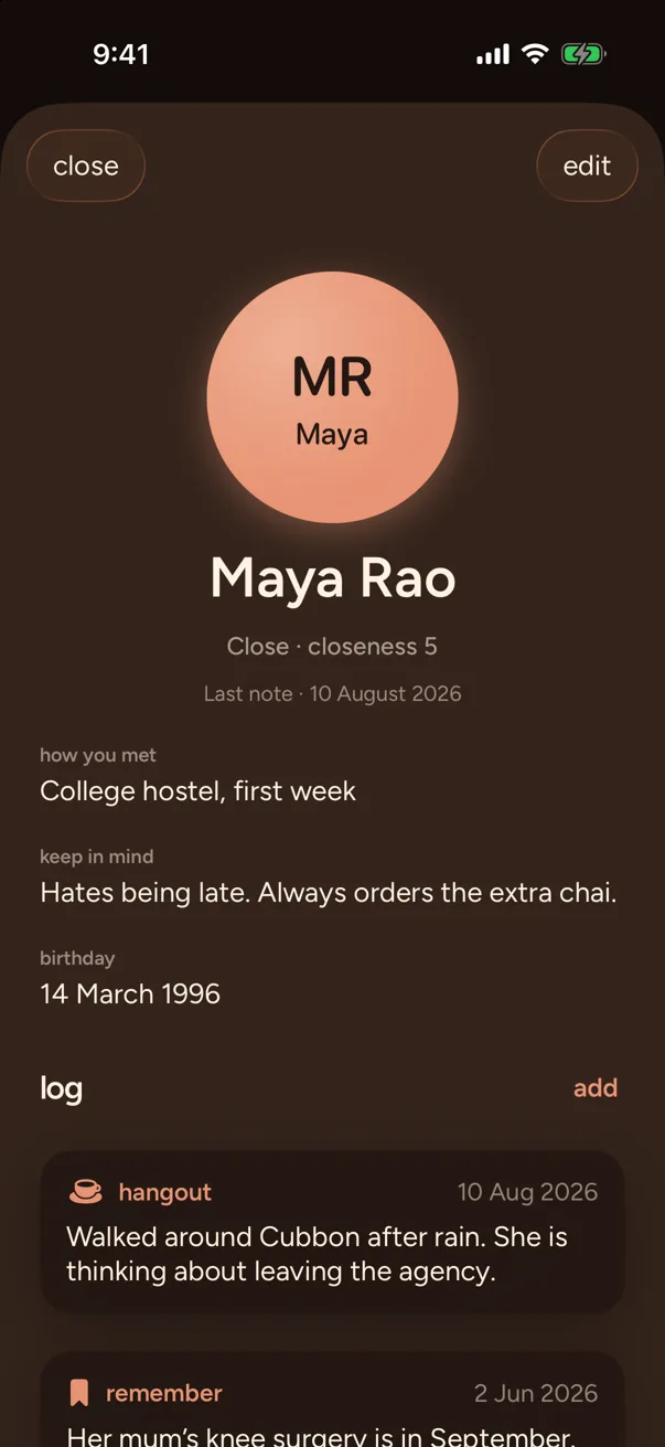 Kith person page for Maya Rao with how you met, keep in mind, birthday and a dated log